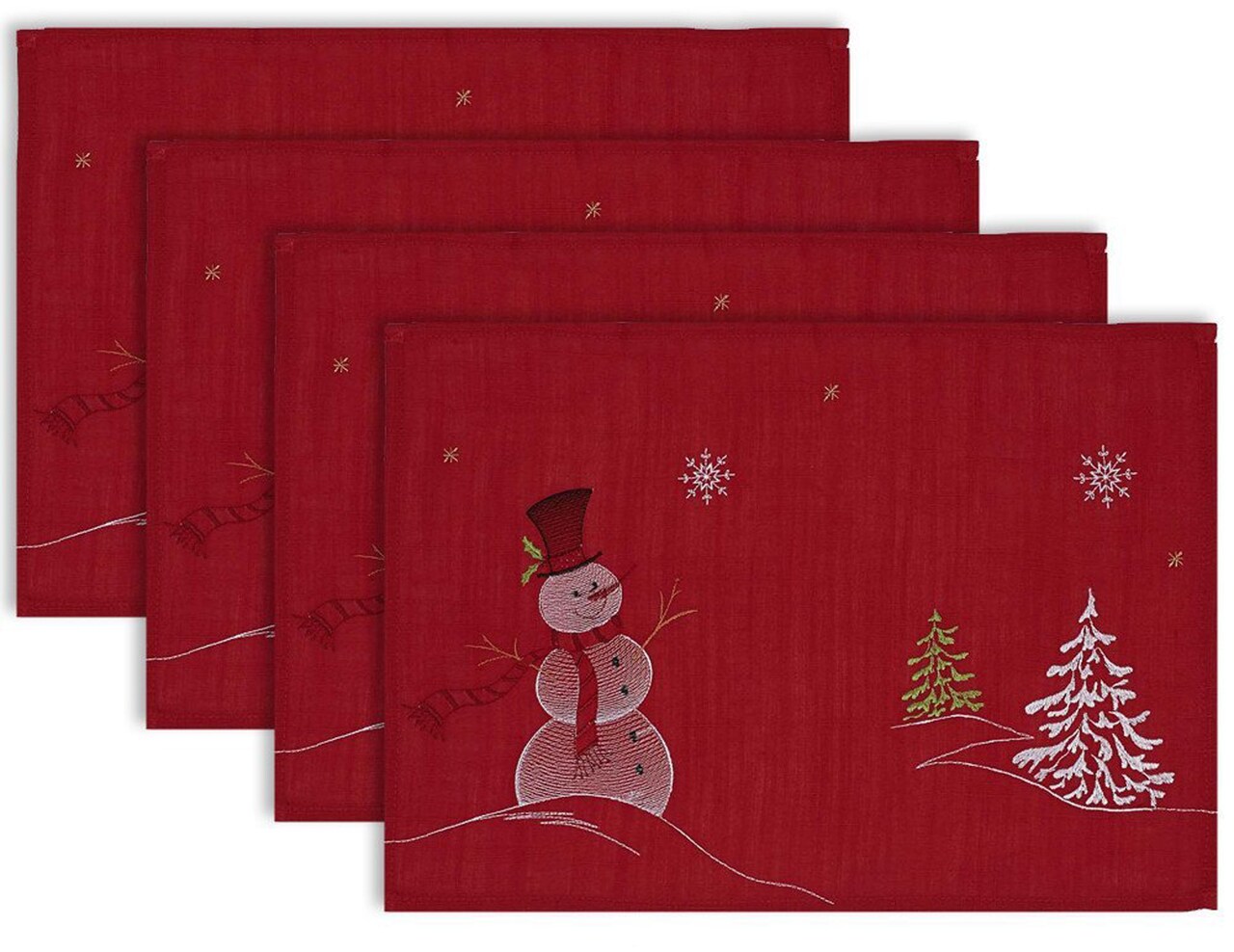 CC Home Furnishings Set of 4 Red Snowman Embroidered Christmas Placemats 19" x 13"